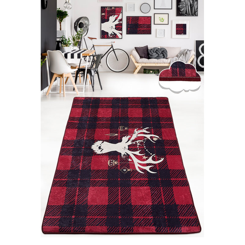 Tapis rectangulaire en polyester tissé à plat à la main en noir / rouge / blanc Patrice, Rectangle 2 pi 7 po x 3 pi 11 po