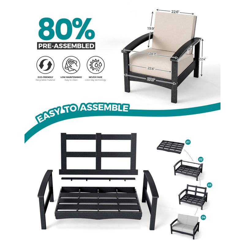 2-Piece Modern HDPE Outdoor Lounge Chair with Cushions – All-Weather Patio Armchair, Deep Seating Single Sofa for Deck, Garden & Porch