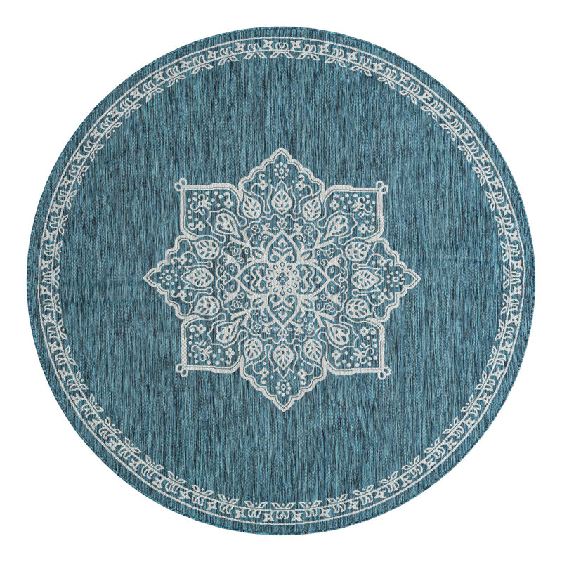 Craighead Oriental Machine Made Power Loom Polypropylene Indoor / Outdoor Area Rug in Blue/Gray, Round 7'10"