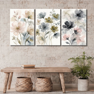Aquarelle neutre, ensemble de 3 impressions sur toile de fleurs sauvages