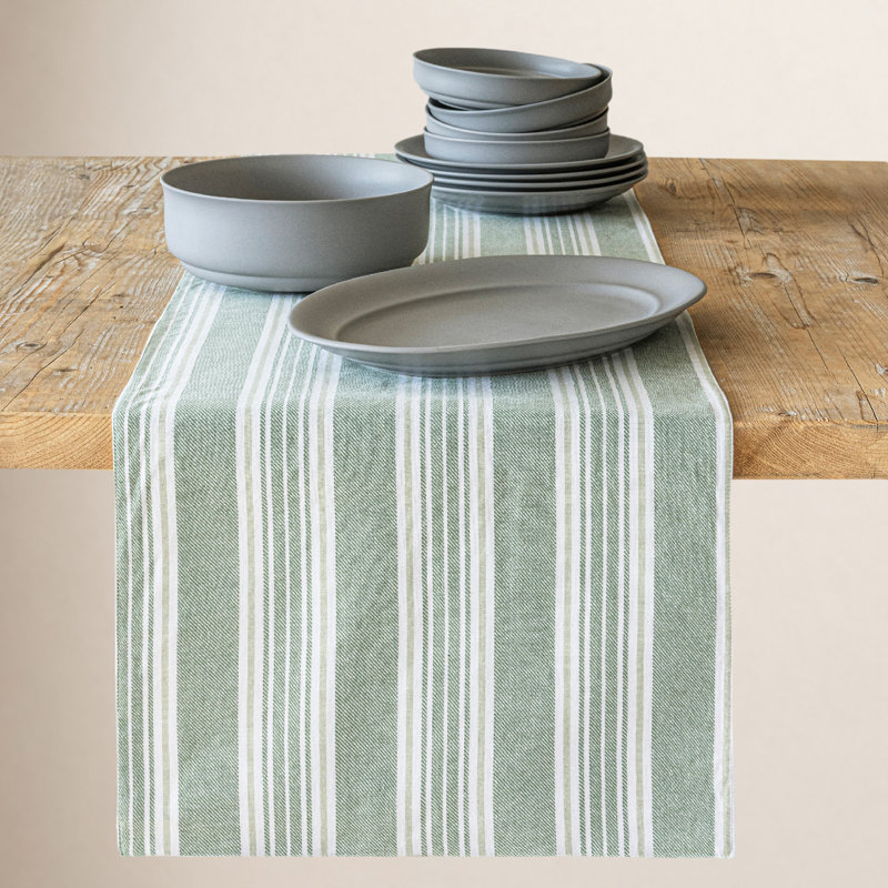 over&back Woven Striped Table Runner, White/Green, 18" W x 108" L