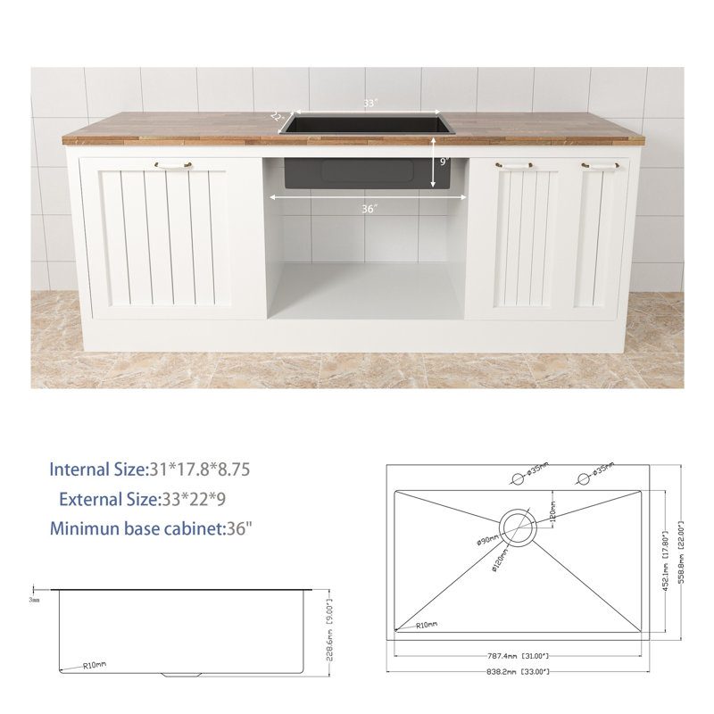 Durable Stainless Steel Kitchen Sinks, 33 Inch, Modern Farmhouse Style For Home