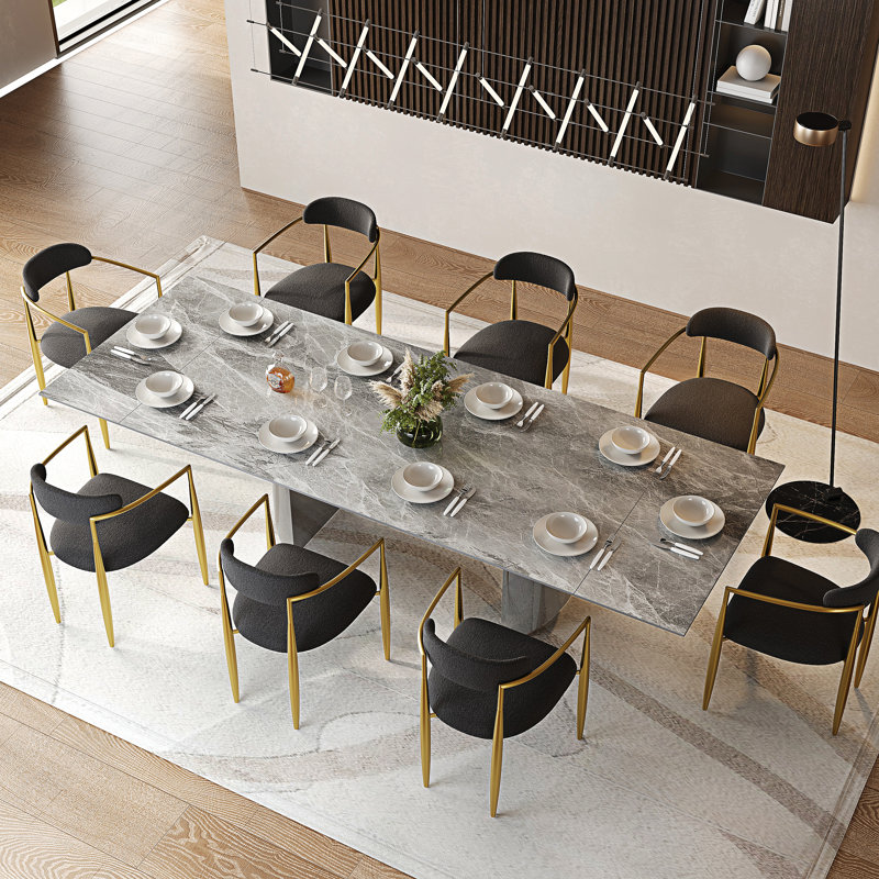 Ensemble de table de salle à manger 9 pièces avec table de salle à manger extensible en fritté de 94,5 po avec 8 chaises en tissu