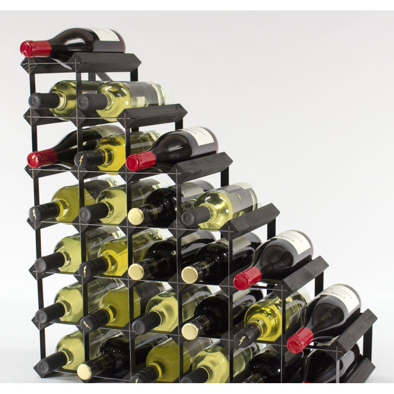 Liddle 27 Bottle Floor Wine Bottle Rack, Black Stained Wood / Black Steel