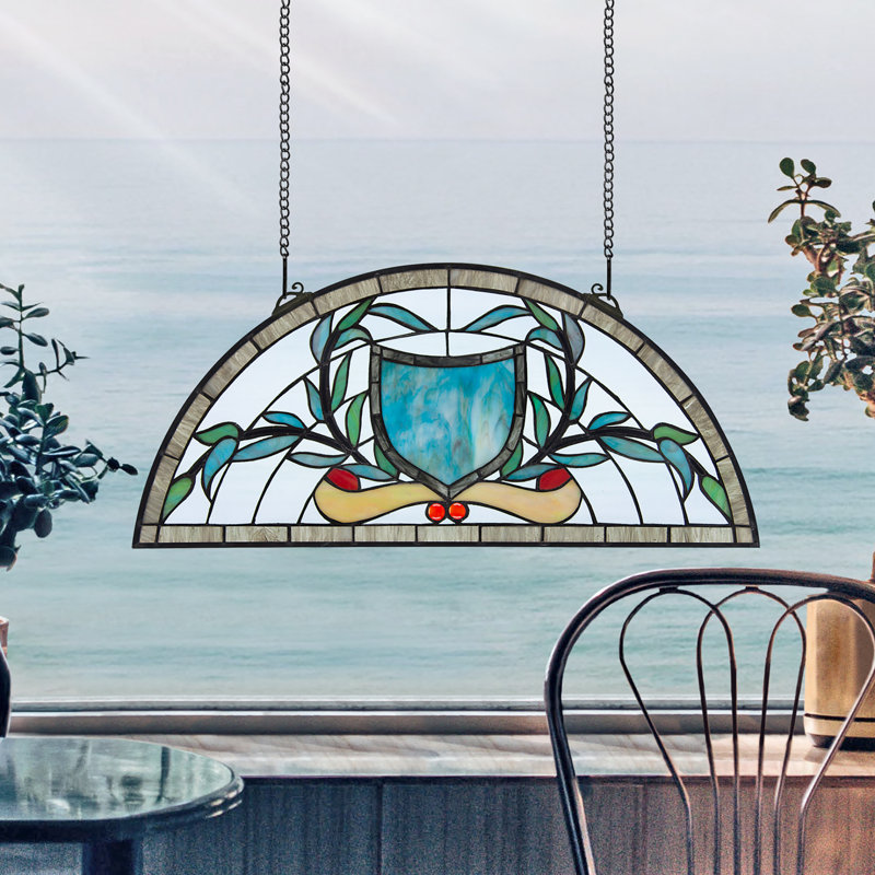Sky Blue and Green Stained Glass Demi-Lune Window Panel