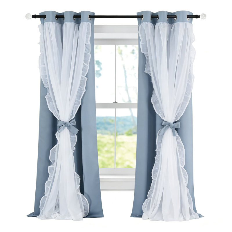 Double Layer Blackout Curtains With Sheer Ruffle Overlay - Room Darkening Drapes With Tiebacks For Bedroom And Living Room, 2 Panels