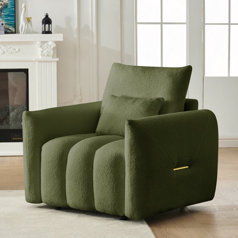 38.1" Teddy Fabric Sofa, Lounge Chair, Upholstewith A Pilloww, Apartment, Office, Living Room And Bedroom, Army Green