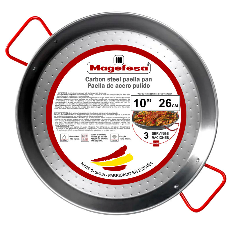 Poêle à paella en acier au carbone 10 pouces Magefesa, 26 cm - 3 portions, durable et légère avec surface alvéolée, idéale pour la cuisine extérieure et la paella de Valence traditionnelle