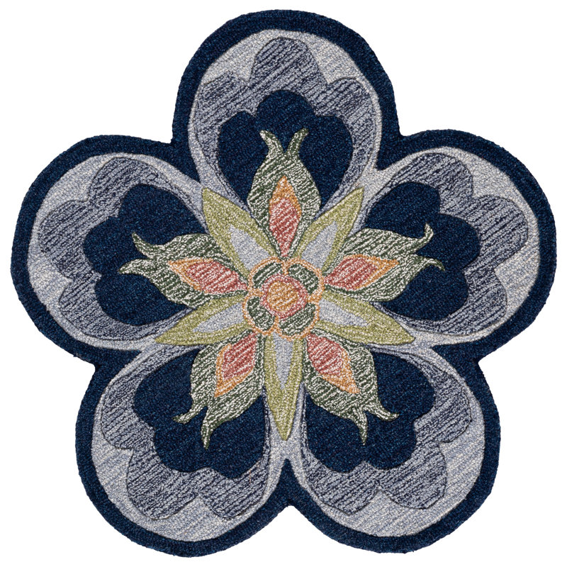Ciane Novelty Hand Tufted Wool/Cotton with Cotton Backing Floral Rug in Blue/Gray, Round 3'