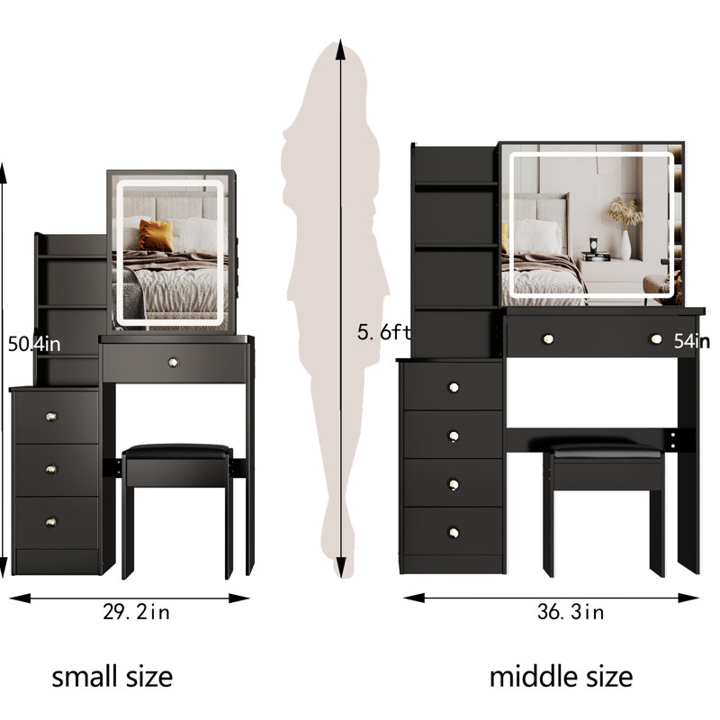 Small Space Vanity Table With Sliding Led Mirror, Brightness And Color Adjustable, Cushioned Stool, , Black Compact Left Side Bedside Padded Chair & Touch Operated Adjustable 3 Settings, American