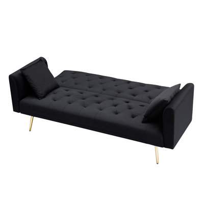American Retro Style 71 - Inch Foldable Black Velvet Bed, Great For Small Living Spaces, 3 Adjustable Angles, 2 Seats, Golden Legs, Solid + Manufactured Wood Frame Retro Inspired, Inch Foldable Black
