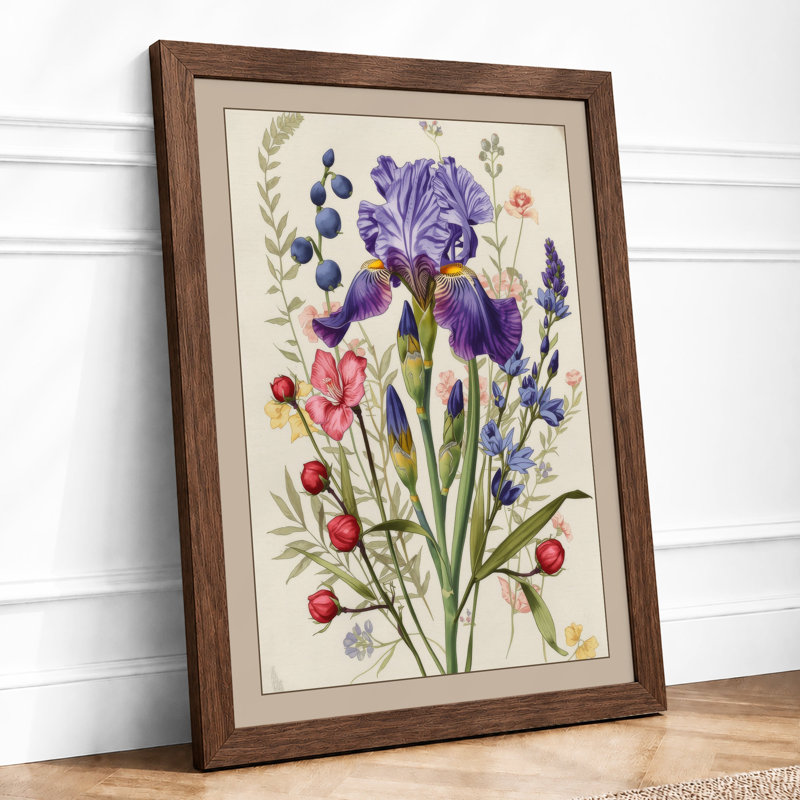 Iris and Specimen Botanical - Framed Print, A4 - 29.7 x 21.0 cm, Walnut