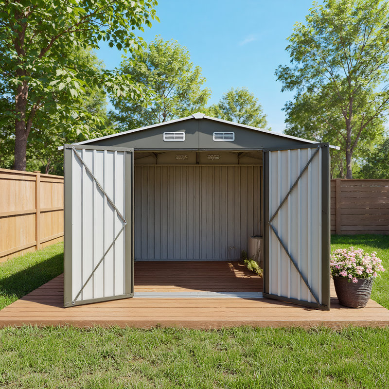 Grande remise en métal de 10 pi x 8 pi pour la cour arrière, verrouillable avec évent et fenêtre | Peut contenir une tondeuse à gazon, des vélos, des outils et de l'équipement de patio - gris