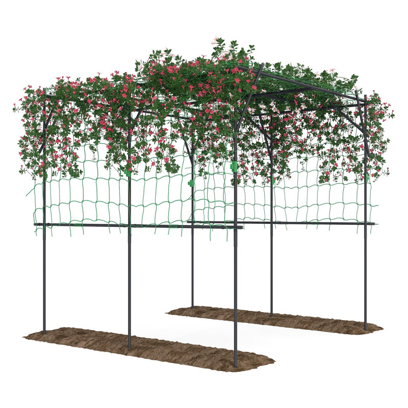 Treillis arqué de jardin en acier 7,3 pi avec filet d'escalade pour légumes et fleurs Outsunny, noir