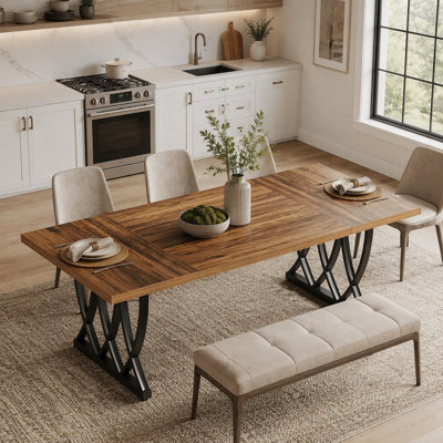 Table de salle à manger rétro en bois avec structure en métal robuste pour six à huit personnes