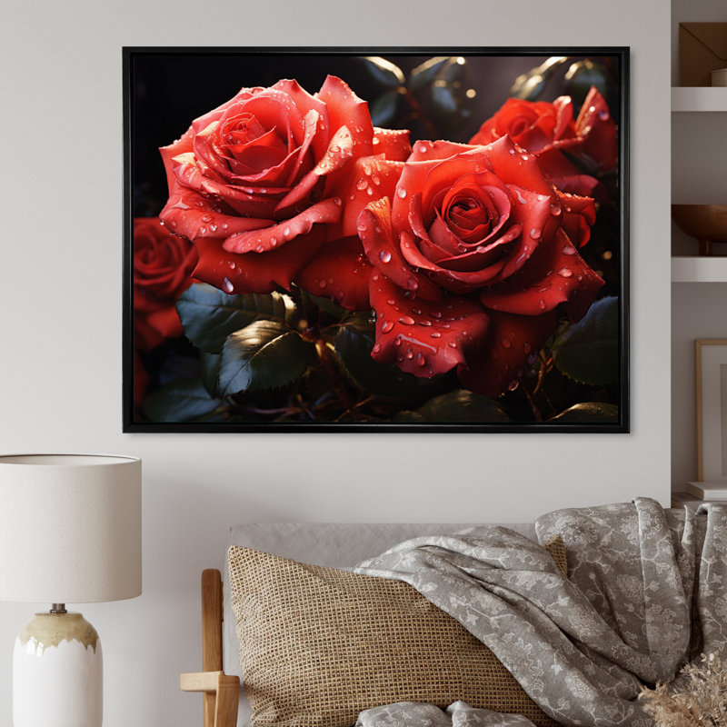 Roses rouges et noires lustrées du matin, H 12 po x l 20 po, Cadre photo blanc