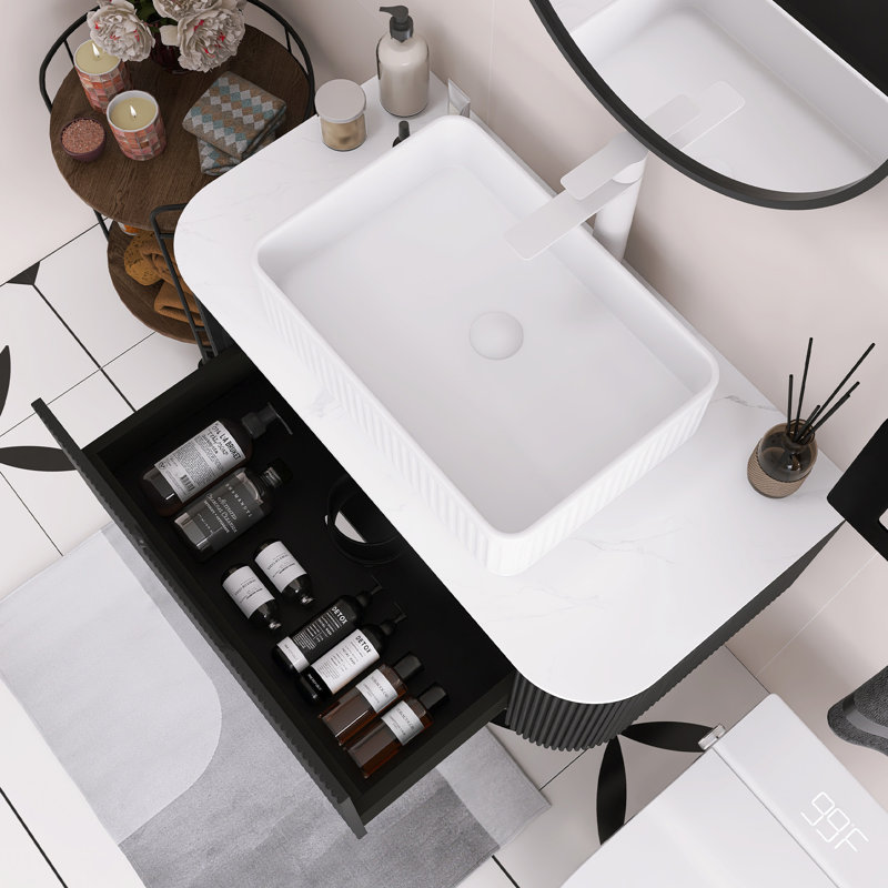 Meuble-lavabo mural 36 po avec bords courbés et conception rayée, armoire de rangement avec tiroir, lavabo rectangulaire en céramique blanche.