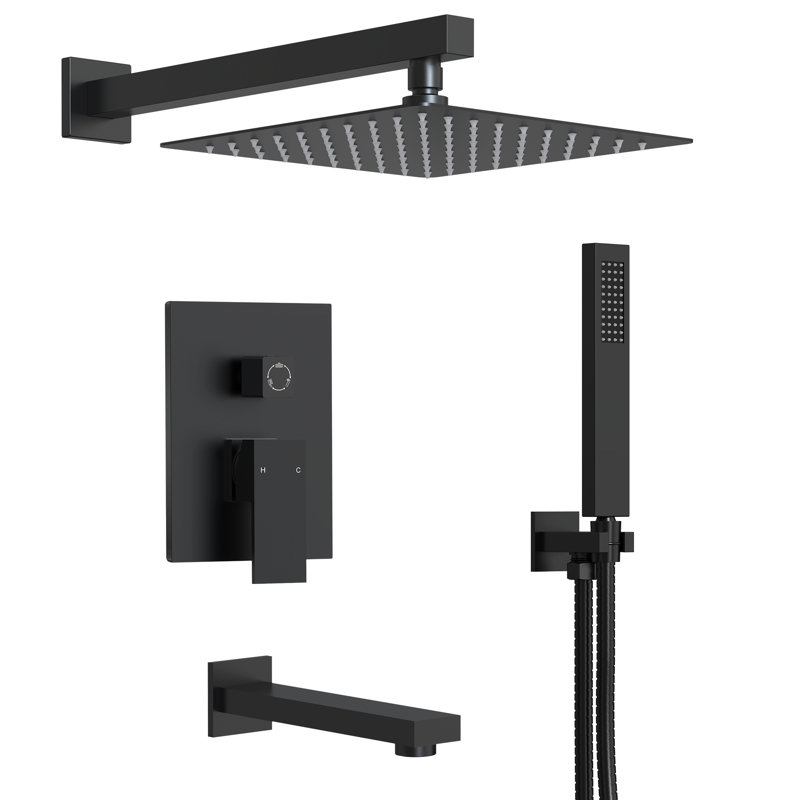 Ensemble de robinet de douche à pluie haute pression mural 10 ", robinet de baignoire avec valve brute, Noir mat