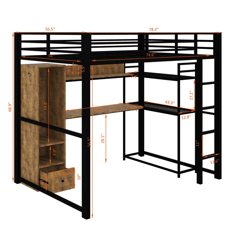 Lit mezzanine double en métal avec garde-robe, tiroir, bureau et tablettes