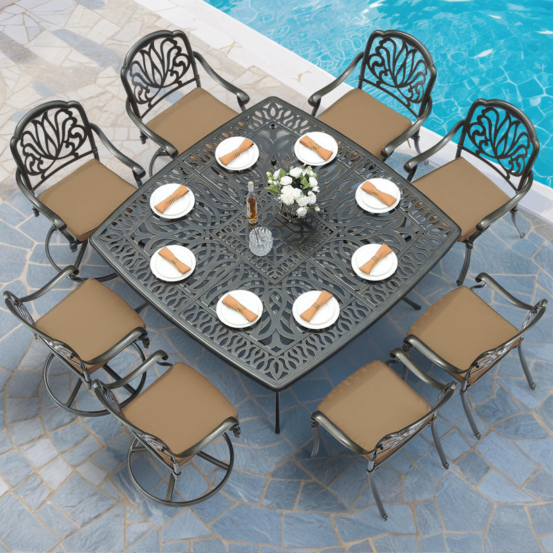  9-piece Outdoor Patio Dining Set For 8, All Weather Cast Aluminum Patio Funiture Table And Chairs Set- Large 64" Square Table, 4 Swivel Rocker Chairs, 4 Stationary, Umbrella Hole