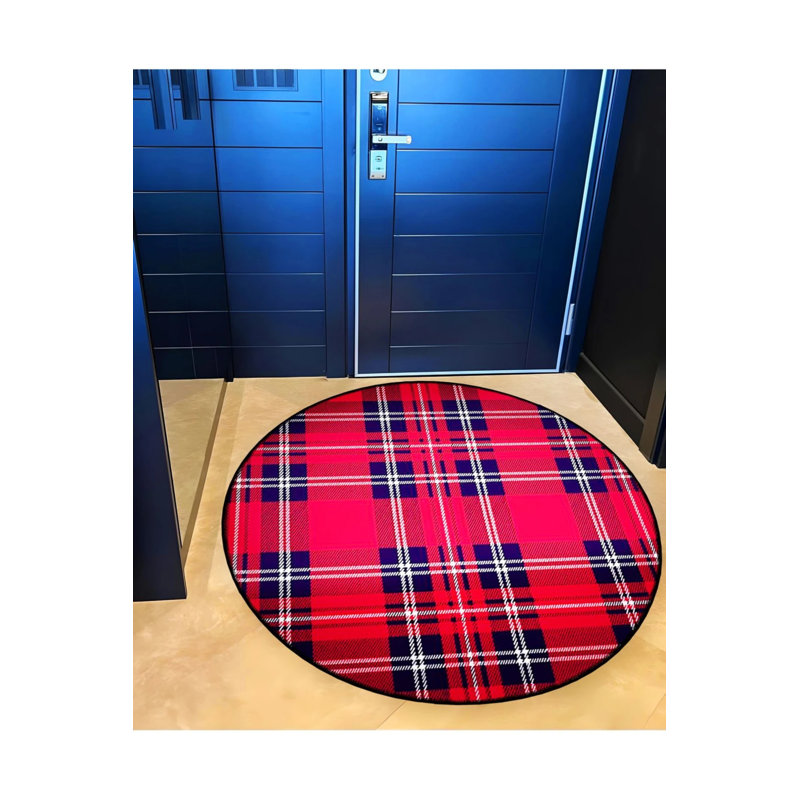 Red Black Plaid Patterned Woven Base Decorative Carpet, Round 4'