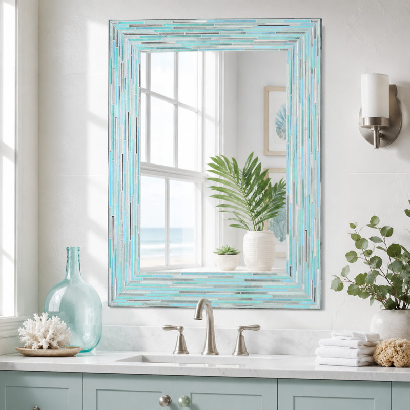 Sutphen 24x30" Coastal Aqua Blue Mosaic Printed Glass Reeded Tiled Frameless Decorative Accent Wall Mirror for Entryway, Hallway, Bathroom Vanity, Bedroom
