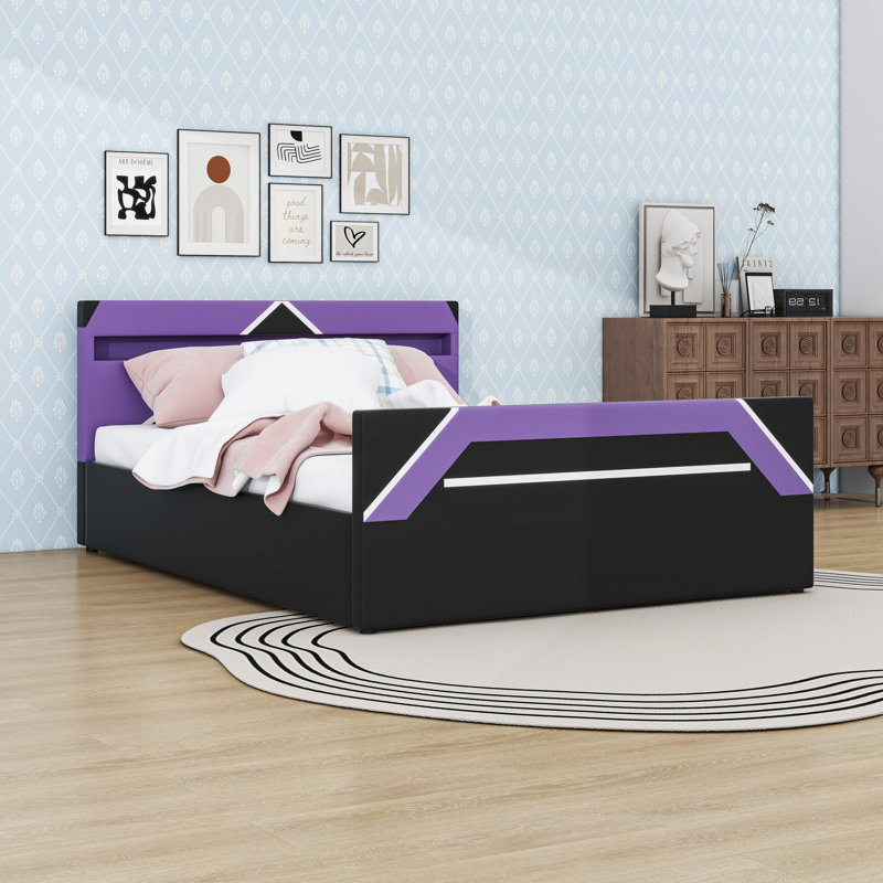 Grand lit plateforme avec éclairage DEL et tête de lit à rangement latéral, Black/Purple