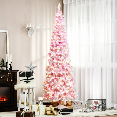 Arbre de Noël artificiel enneigé avec forme de crayon, branches réalistes en pin, lumières DEL chaudes, ouverture automatique, rose et neige