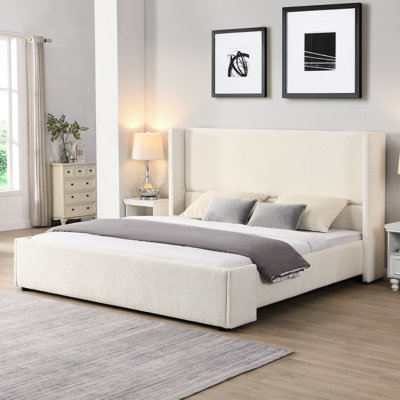 White Fabric King Bed With Wingback Headboard, Soft - Touch , And Comfortable, Blends Bedroom Decor Elegant Upholstered Tall To Wear Tear, Complementary Multiple Styles