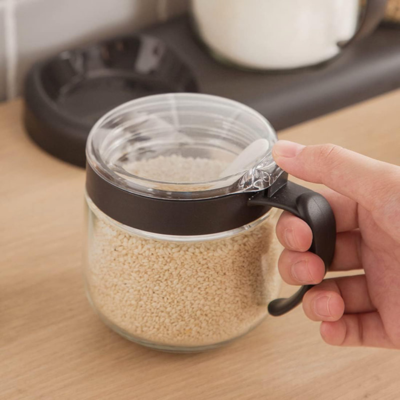 Glass Seasoning Box Set,12Oz/350 Ml Condiment Set With Lids And Spoon,Glass Condiment Canisters,2Pack Scondiment Jar Set For Sugar Pepper For Kitchen Counter(Black)
