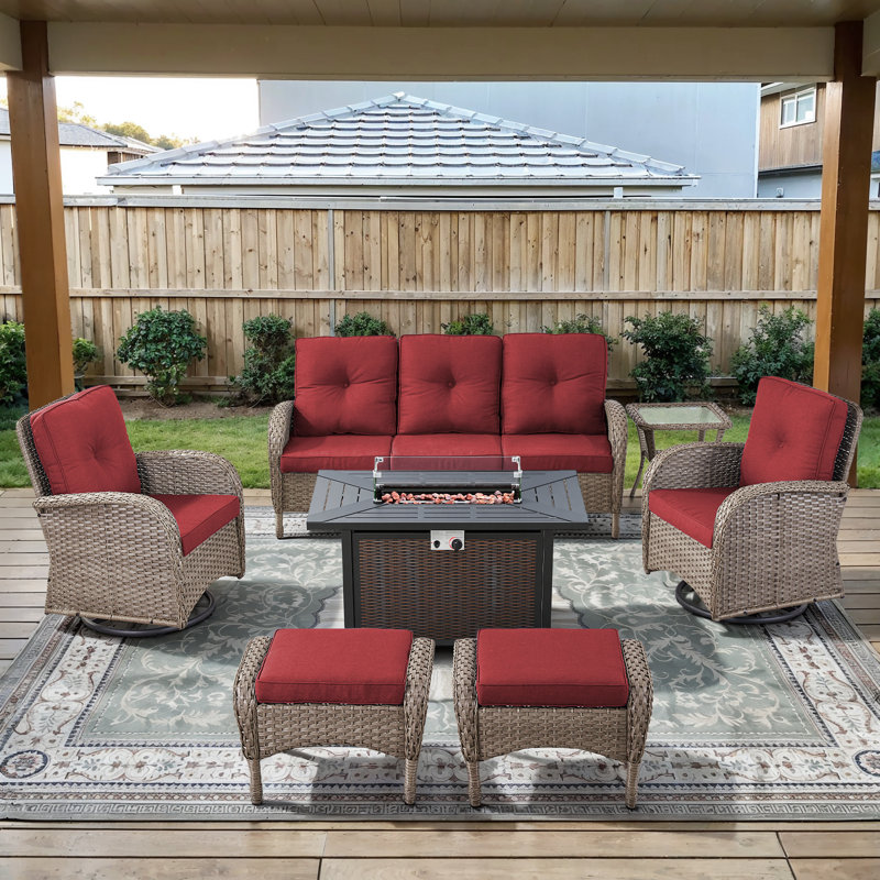 7-Piece Outdoor Patio Wicker Relaxed Fire Pit Set With Swivel Chairs And Ottomans, Red