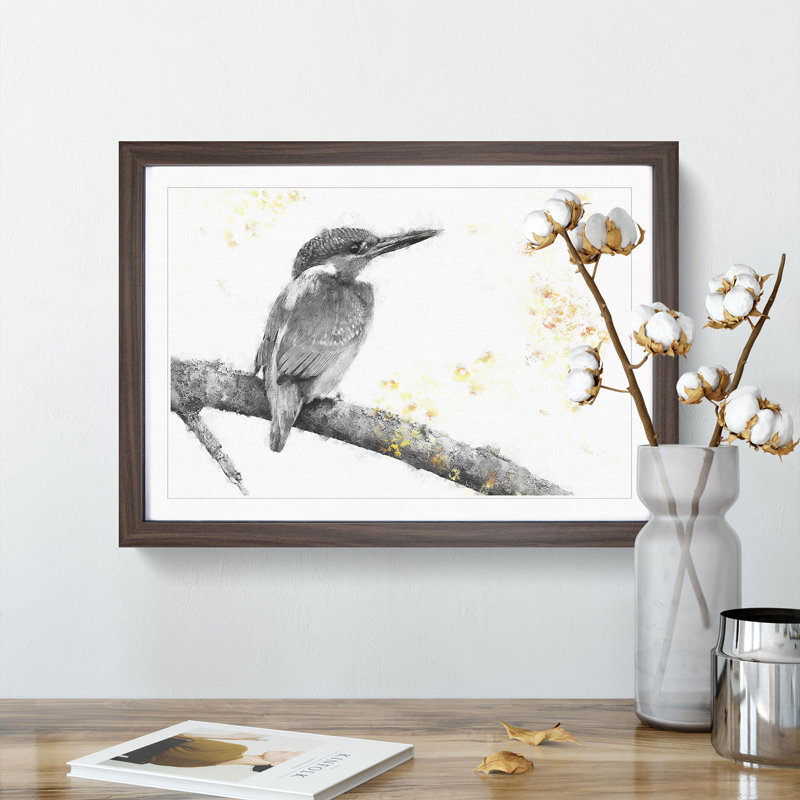 Kingfisher Bird on a Branch - Picture Frame Painting Print, 62cm H x 87cm W x 2cm D, Walnut Framed