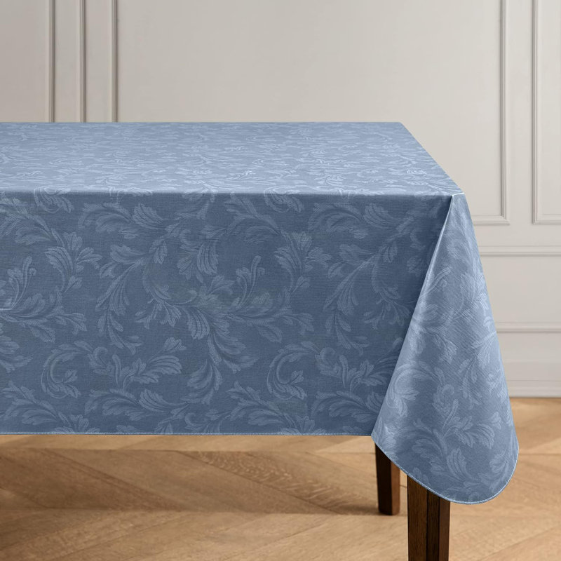 Floral Damask-Scroll Water- And Stain-Resistant Vinyl Tablecloth With Flannel Backing, 60 Inches X 120 Inches, Rectangle, Blue