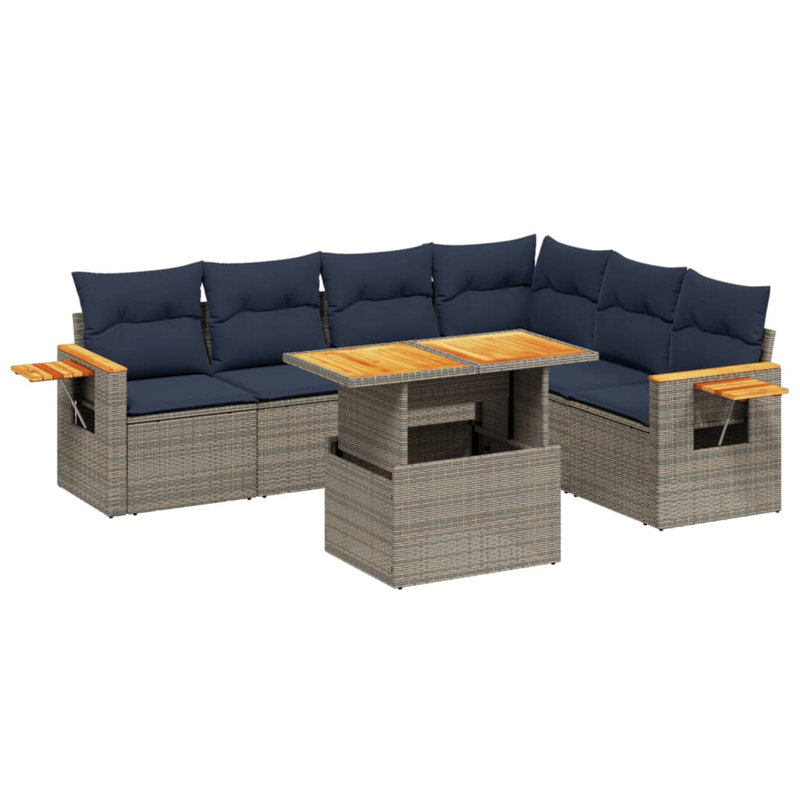  7 Piece Patio Sofa Set With Cushions Poly Rattan, Grey, Blue