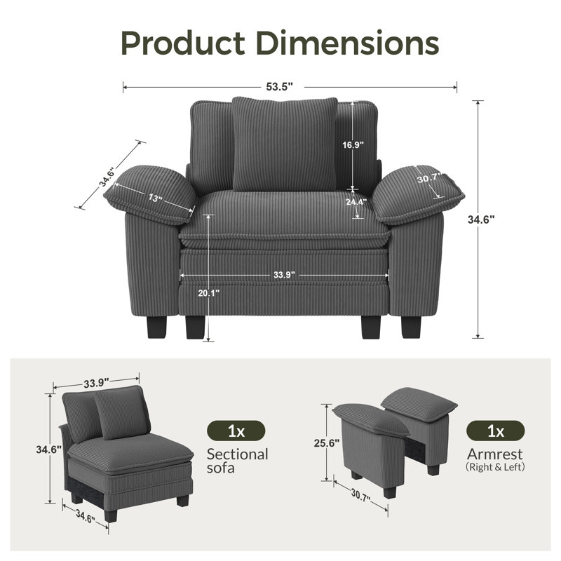Deep Seat Sofa Chair With Throw Pillow, Corduroy Gray