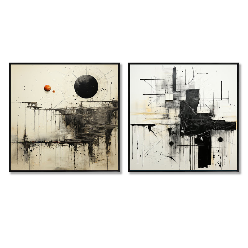 Gris et noir, horizon fantastique - ensemble de 2 collages carrés, Cadre flottant noir, H 16 po x l 33 po