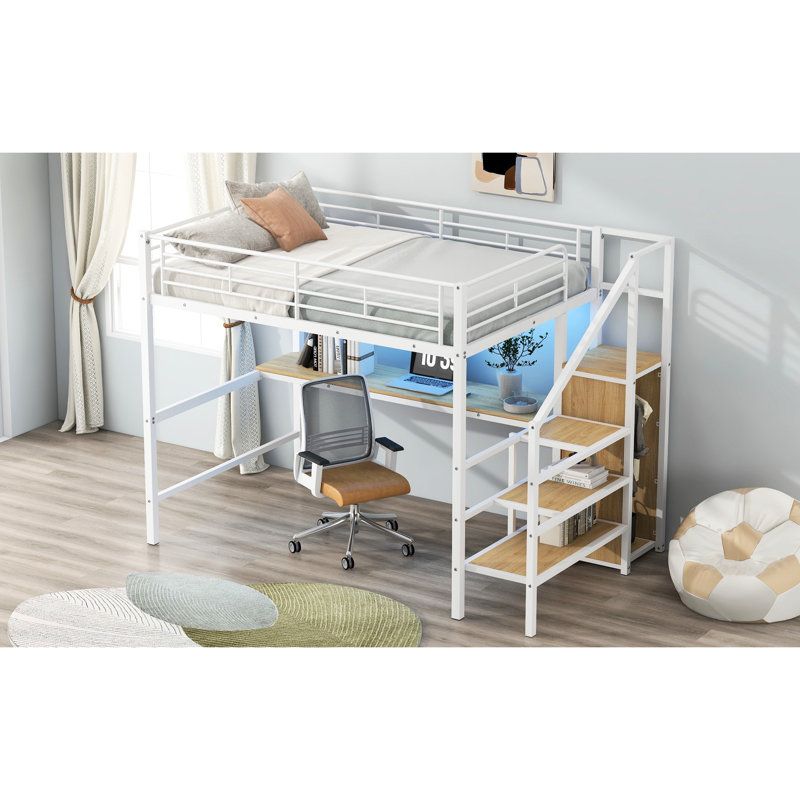 Lit mezzanine double en métal de couleur blanche avec bureau, escalier de rangement, petite armoire et DEL, fonctionnel et durable