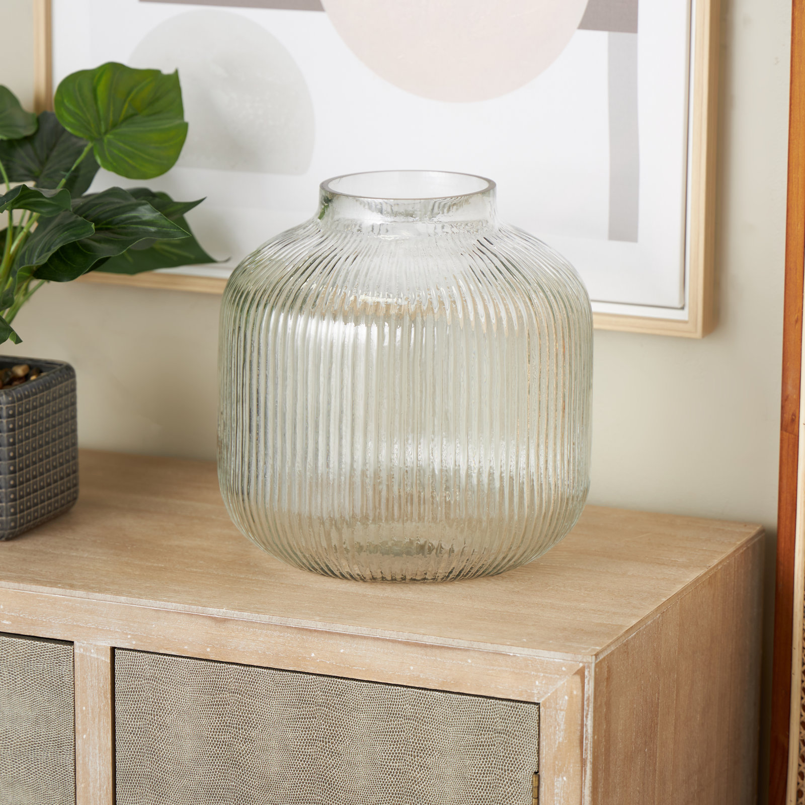 Birch Lane Perry Glass Short Round Ribbed Vase, 11.4" H x 11.2" W x 11.2" D