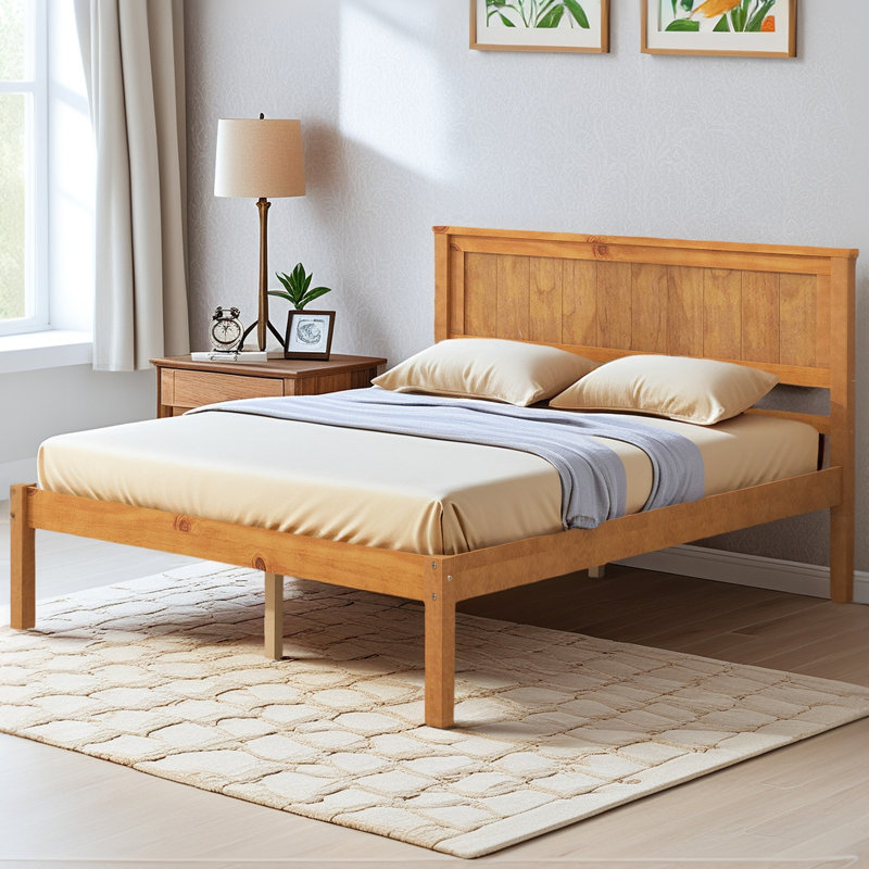 Full Size Platform Bed Frame With Headboard, With Wooden Slats, No Springs Required, Oak