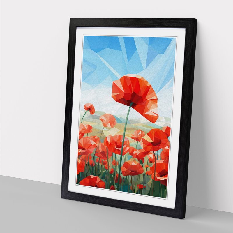 Poppy Field Geometric No.2 - Single Picture Frame Print on Wood, Black Framed, 46cm H x 34cm W x 2cm D