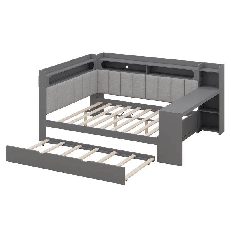 Full Size Daybed With Trundle,L-Shaped Storage Shelves And Desk,Wood Corner Bed With LED, Gray