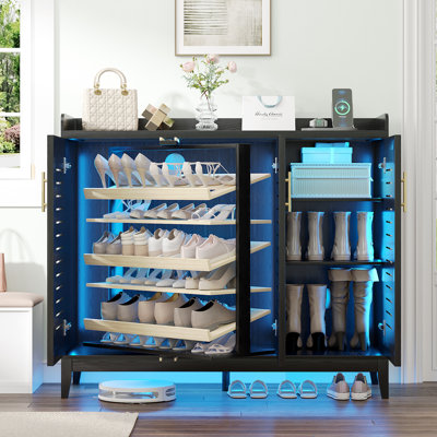 47.3" W 5-tier Shoe Cabinet With 360°rotating Shoe Rack And Human Sensor Light, Freestanding Shoe Storage Cabinet With Adjustable Shelves