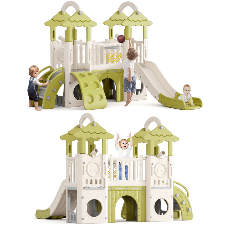 Ensemble de jeu pour enfants 9 en 1, glissade pour enfants avec deux grimpeurs, Vert / blanc