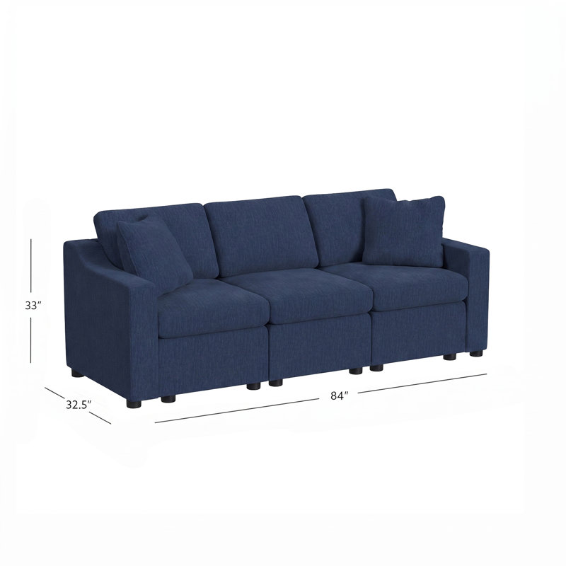 Lockheart 84” 3-Seat Modular Sofa Blue Slope Arm, Blue