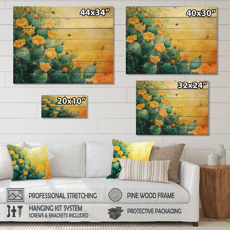 Modern Cactus Field In Texas - Traditional Wood Wall Decor On Natural Pine Wood, 30" H x 40" W
