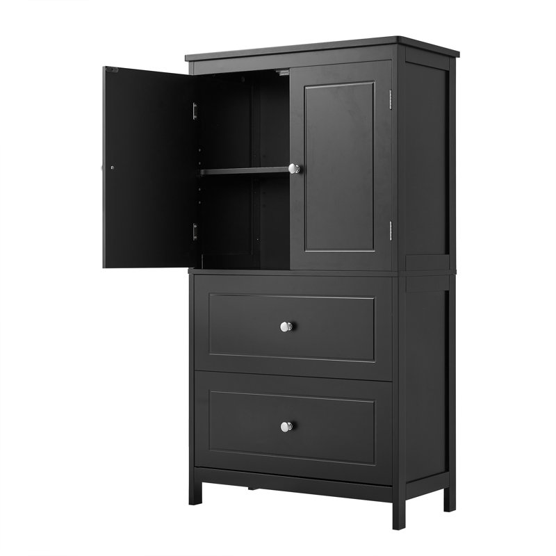 Armoire de rangement pour salle de bain, armoire avec deux portes et tiroirs, tablette réglable, panneau de fibres à densité moyenne