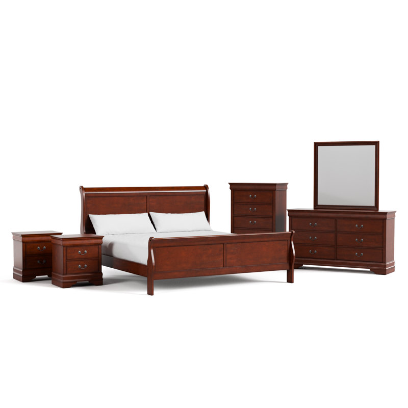 Aberdeen 6-Piece Bedroom Set, Brown, Queen, 6 Pcs: Bed, 2 Nightstands, 2 Dressers, Mirror