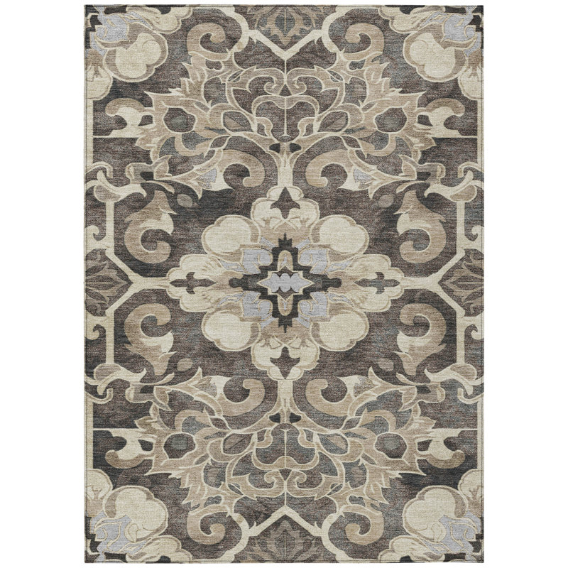 Machine Washable Indoor/Outdoor Xhevrie Chocolate Rug, Rectangle 3' x 5'