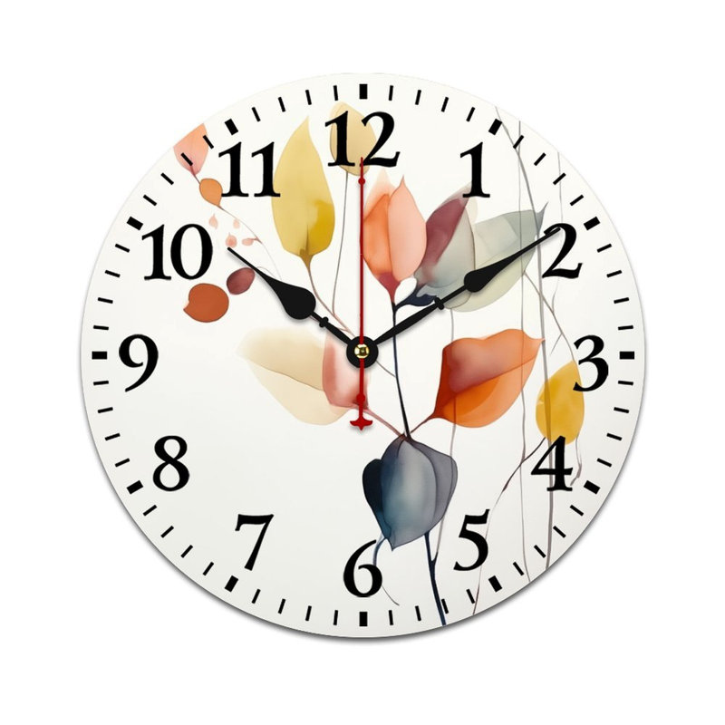 Horloge murale multicolore 12 x 12 po, feuilles d'aquarelle décoratives