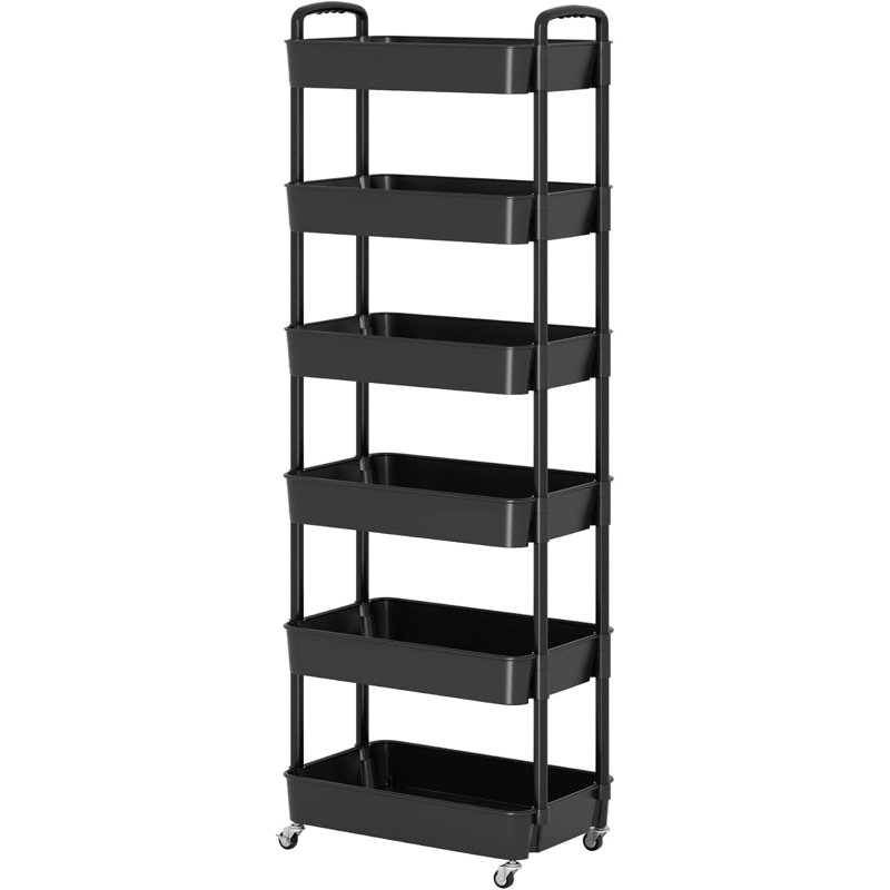 6-Tier Plastic Rolling Utility Cart with Handle, Multi-Functional Storage Trolley, Living Room, Kitchen, Movable Storage Organizer with Wheels